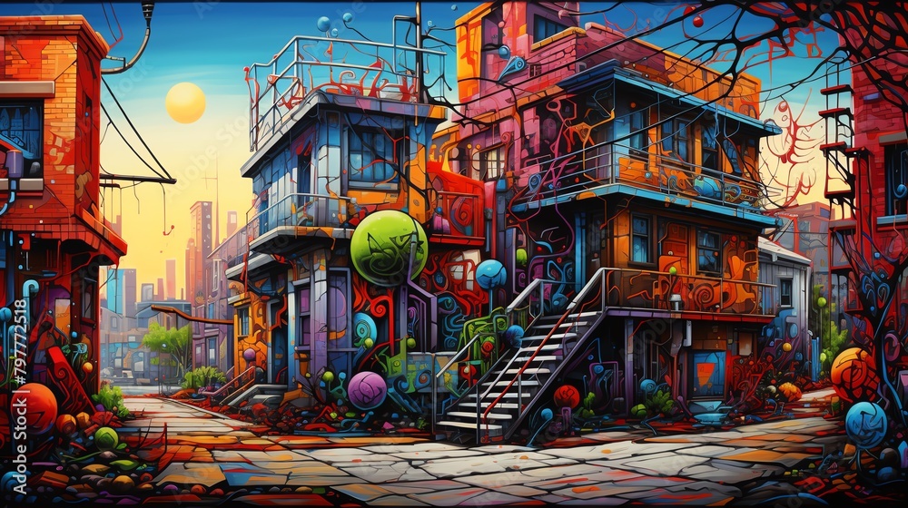 Using a traditional art medium such as acrylic or watercolor, depict a frontal view of a vibrant utopia where graffiti conveys stories of hope Ensure the colors are vivid and the details in the graffi