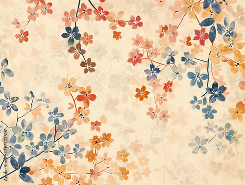 Tender flowering branches on beige background creating harmonious fusion of nature beauty and artistic craftsmanship. Elegant floral pattern for vintage design of wallpapers