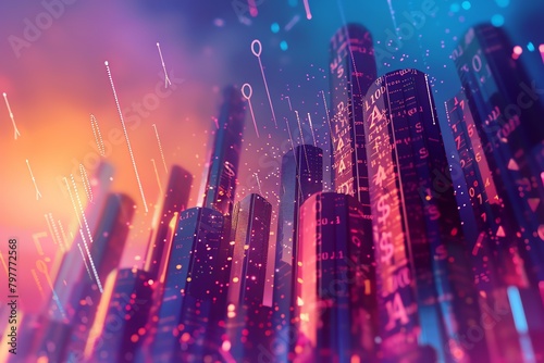 Transform the idea of Profit using a vector digital rendering technique with a tilted angle viewpoint Picture a futuristic cityscape with skyscrapers made of currency symbols and graphs, representing