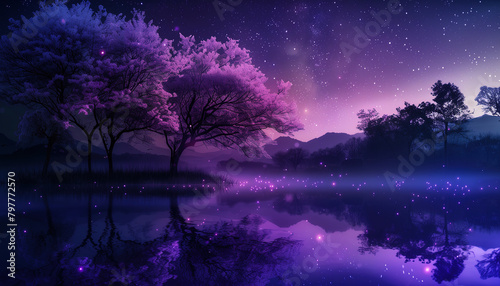 Mystical Cherry Blossom Tree by Night Lake and Reflecting in the calm water with soft fog
