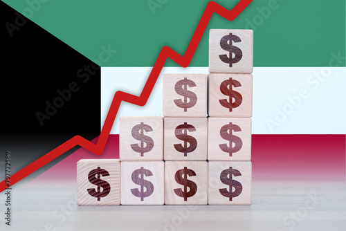 Kuwait economic collapse, increasing values with cubes, financial decline, crisis and downgrade concept