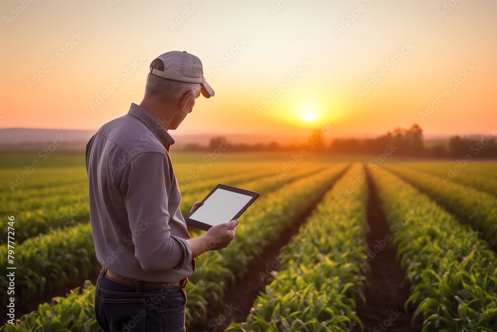 Farmer using tablet to monitor crop yields, sunset, overtheshoulder shot Farmer using tablet to monitor crop yields, sunset, overtheshoulder shot