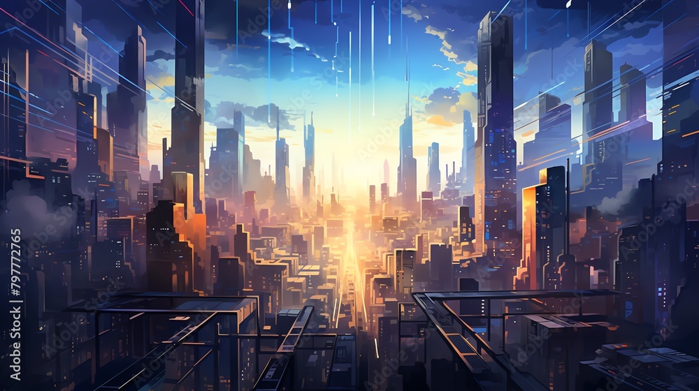 Fuse the essence of urban exploration with futuristic elements through vector art Focus on a birds-eye view of a cityscape with striking lighting techniques, showcasing a blend of modernity and innova