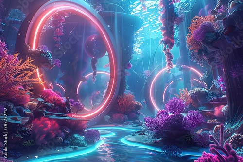 Explore an eye-level view of the intersection between underwater worlds and futuristic technologies in a digital rendering Envision glowing neon corals entwined with sleek metallic structures