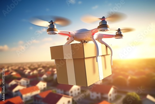 Flying drone delivery in suburban area, sunny day, bird seye view photo