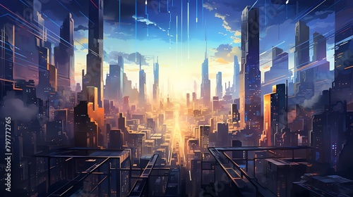 Fuse the essence of urban exploration with futuristic elements through vector art Focus on a birds-eye view of a cityscape with striking lighting techniques  showcasing a blend of modernity and innova