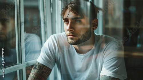 A calm man wearing a white T-shirt with a tattoo on his arm looks through the window.