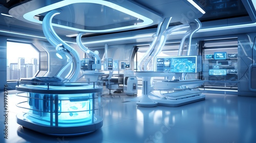 Futuristic medical lab with advanced diagnostic tools, bright lighting, panoramic view