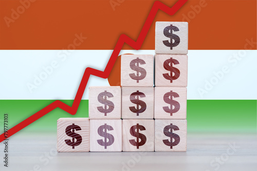 Niger economic collapse, increasing values with cubes, financial decline, crisis and downgrade concept