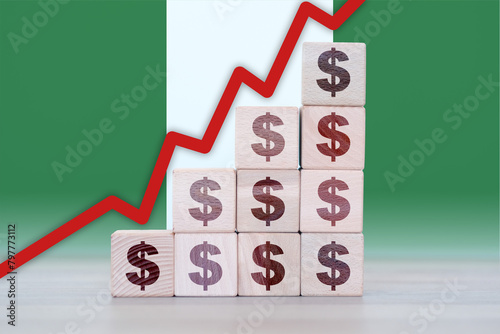 Nigeria economic collapse, increasing values with cubes, financial decline, crisis and downgrade concept