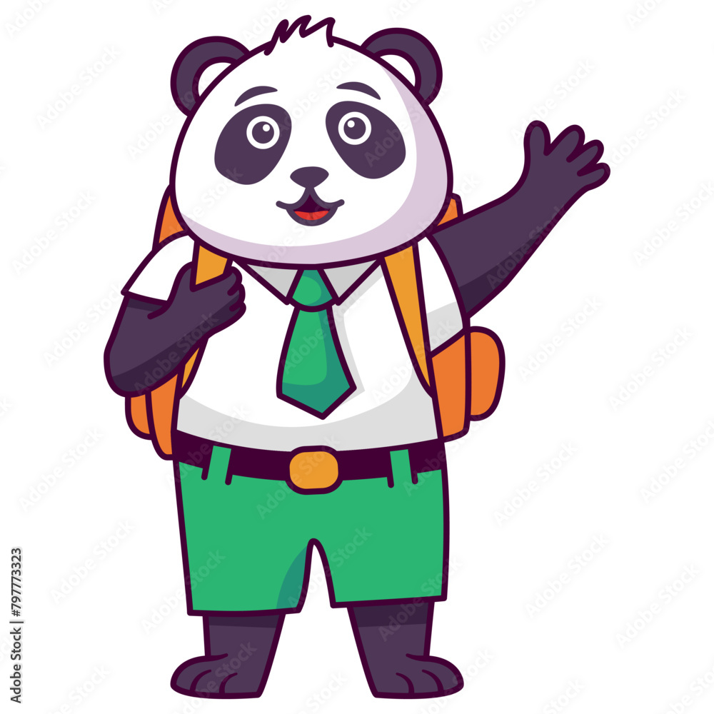 Cartoon panda bear going to school.A joyful cute lion cub in a school uniform with bag .Kid kawaii tropical animal go to school.Animalistic childish character.Cute animal student.Back to school.