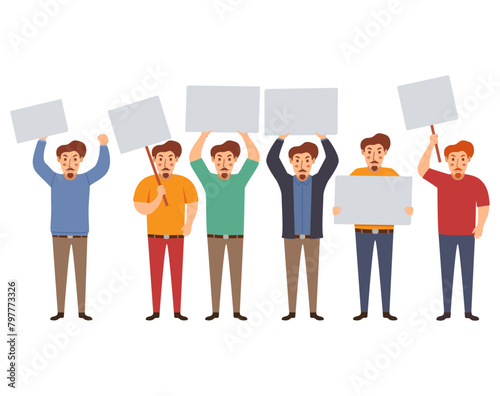 Male activist character.Hand holding empty banner.Man holding clean placard.Isolated on white background. Vector flat illustration.A political protest. People at the rally.