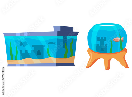 Silhouette of fish and algae.Cartoon freshwater fishes in tank aquarium.Isolated on white background.Vector flat illustration.