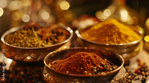 Set of Indian spices on wooden table