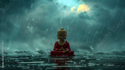 Buddha statue in lotus position on the water with stormy clouds in the background. Rain is falling and raindrops are stirring the water. Finding peace in a storm concept. photo