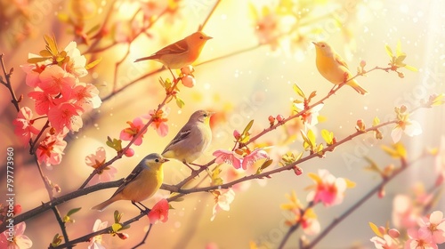 Flock of birds are singing happily on the branches of a tree with spring flower blossoms and sun light , spring season background, Generative Ai