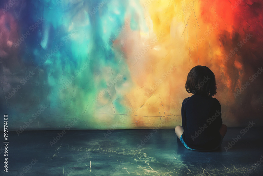Little Girl Sitting in Front of a Colorful Wall: Autism, Child Mental Health, and Child Psychology Concepts - ADHD (Attention Deficit Hyperactivity Disorder)