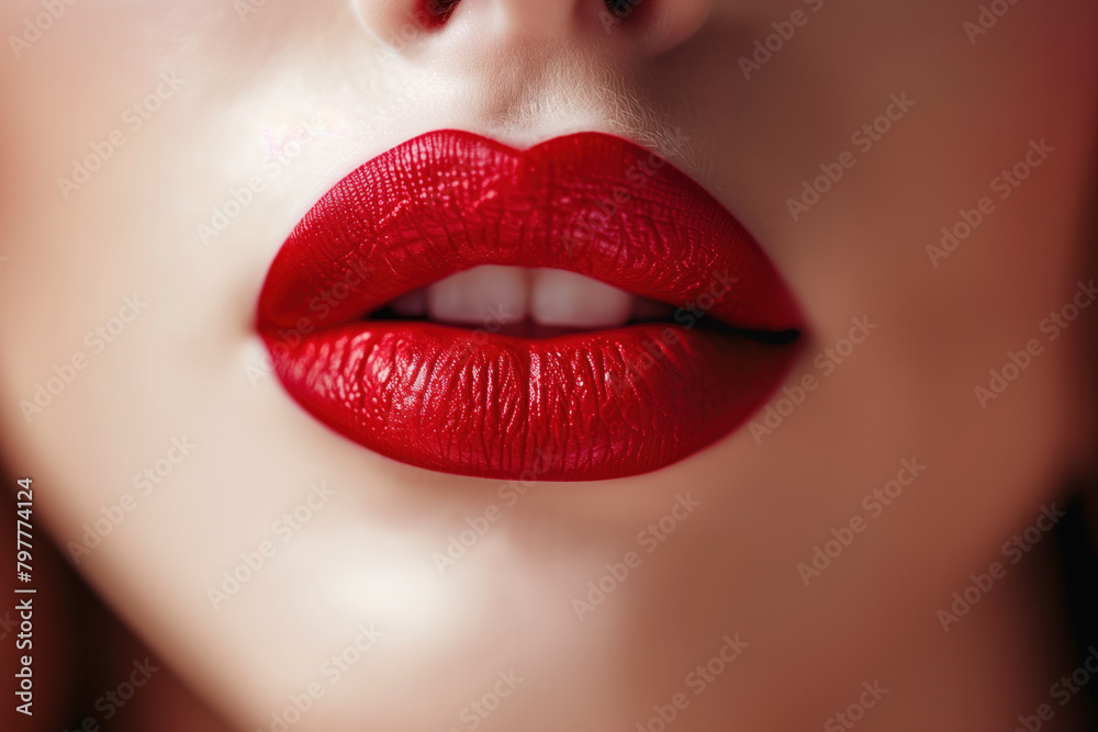 Fototapeta premium Sexy Lips, Glossy Red Lipstick, Generative AI