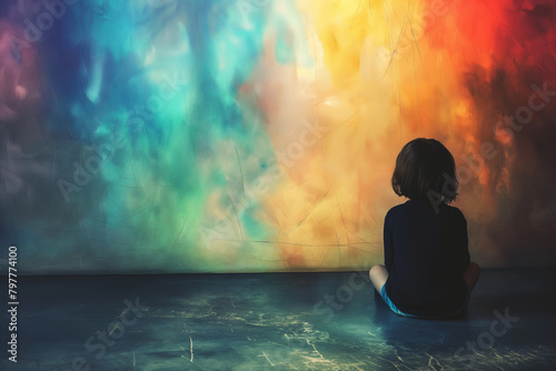 Little Girl Sitting in Front of a Colorful Wall: Autism, Child Mental Health, and Child Psychology Concepts - ADHD (Attention Deficit Hyperactivity Disorder) photo