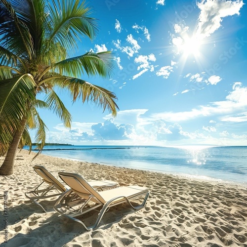 Two lounge chairs on beach under palm tree with azure sky and sunlight