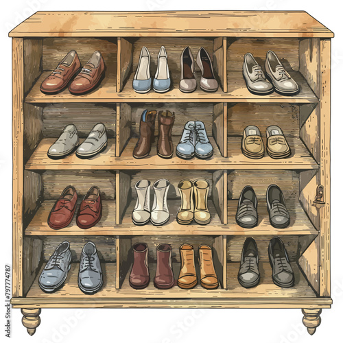 Hand drawn vector illustration of a set of different shoes in a wooden shelf.
