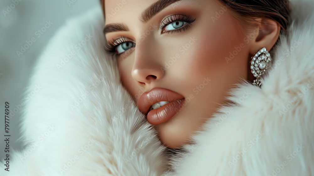 Fashion studio portrait of beautiful lady in white fur coat and fur hat. Winter beauty in luxury. Fashion studio portrait of beautiful lady in white fur coat and fur hat. Winter beauty in luxury.