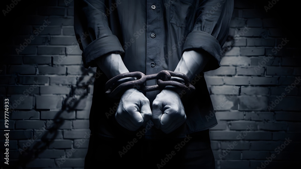 A person, only partially visible from the waist up, wearing a dark-colored shirt. Their hands are bound by a heavy chain, which they hold tightly in front of them