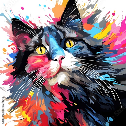 multi color cat graphic , in the style of glitch art, close-up shots, dark black and light black, inkblots, low resolution, avacadopunk, hyper-realism photo