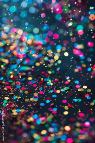 Sparkling glitter confetti in vibrant colors, scattered against a dark background. Glitter confetti textures offer a festive and celebratory backdrop © grey