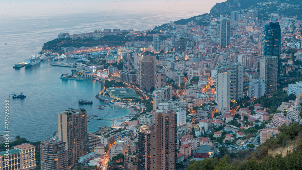 Aerial top view of Monaco from the grand corniche road day to night timelapse, Monaco France