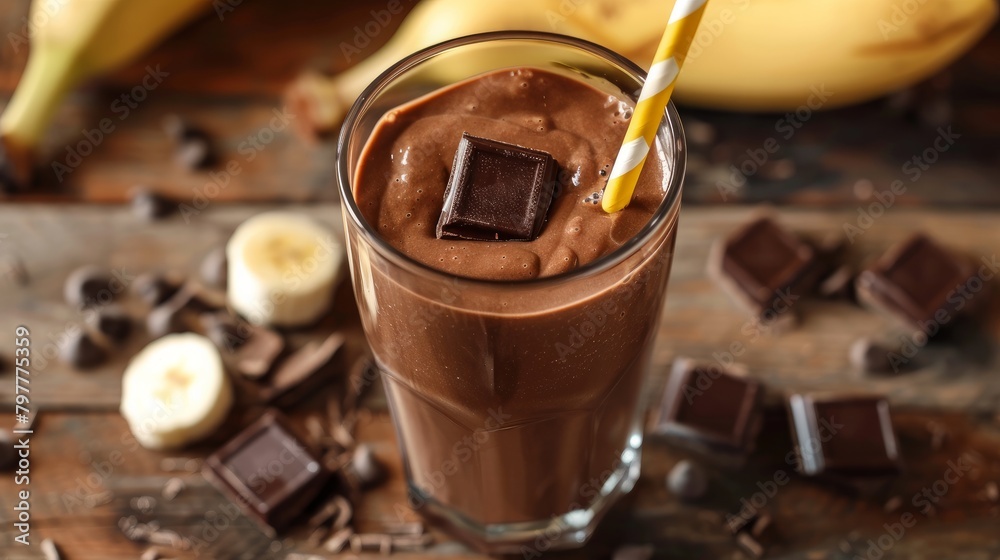 Chocolate banana smoothie on a rustic wooden background. Chocolate banana smoothie on a rustic wooden background.