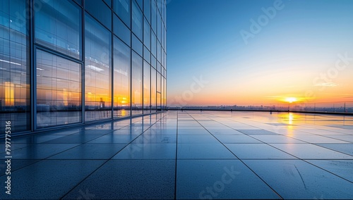 a glass building with a sunset in the background