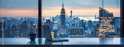 a laptop on a table with a city in the background