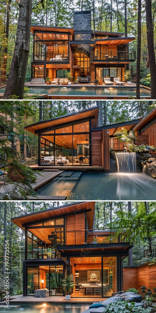 Fototapeta premium a house with a waterfall and a pool