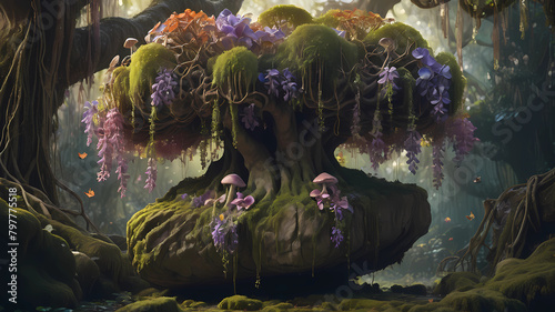 3D photo of an art piece floating in the air. The big rock with magic flowers and mushrooms, moss, wisteria, and devil's ivy is tied to the roots of a banyan tree. Taken on a Medium Format Camera with photo