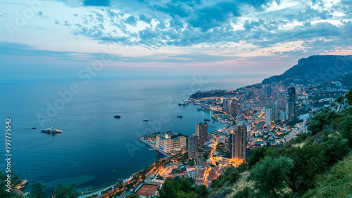 Aerial top view of Monaco from the grand corniche road day to night timelapse, Monaco France photo