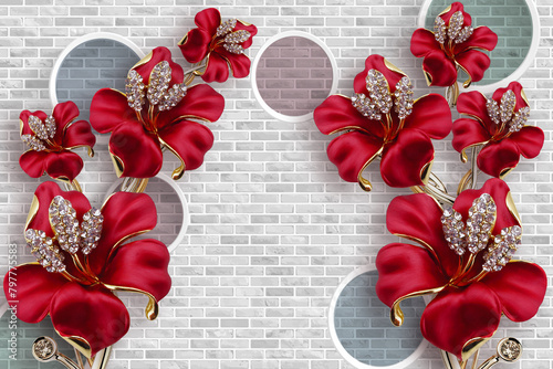 3d picture red flowers with gold