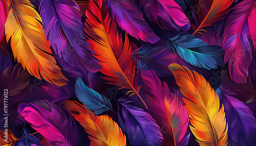 vibrant multicolored feathers seamless pattern for textile design photo
