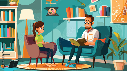 Little girl studying with tutor at home Vector illustration