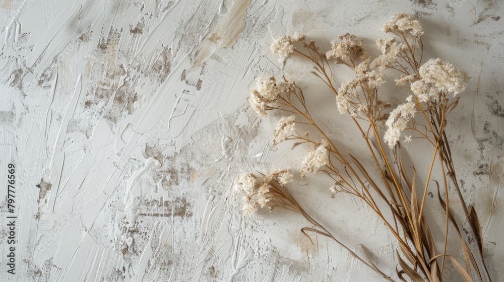Bouquet of dried flowers on cream background, copy space, front view. Empty showcase for product presentation, pedestal for cosmetic product. background image Bouquet of dried flowers on cream background, copy space, front view. Empty showcase for product presentation, pedestal for cosmetic product. background image