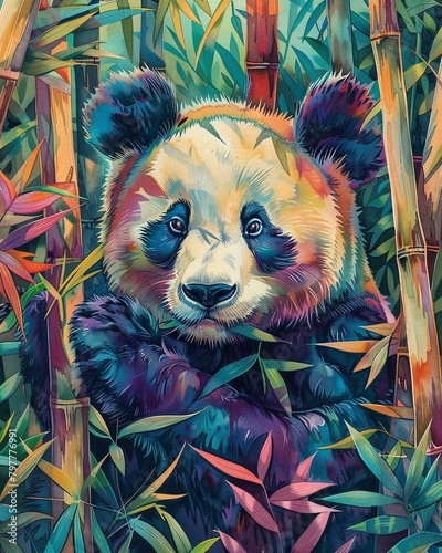 Serene and joyful watercolor of a panda bear, nestled in a vibrant bamboo forest, hand drawn in bright pastel background