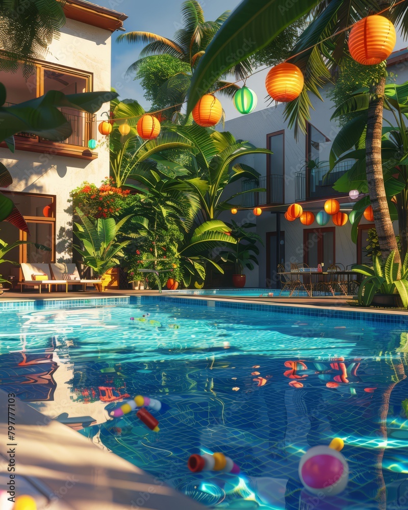A backyard pool party invitation background, unreal engine, saturated ...