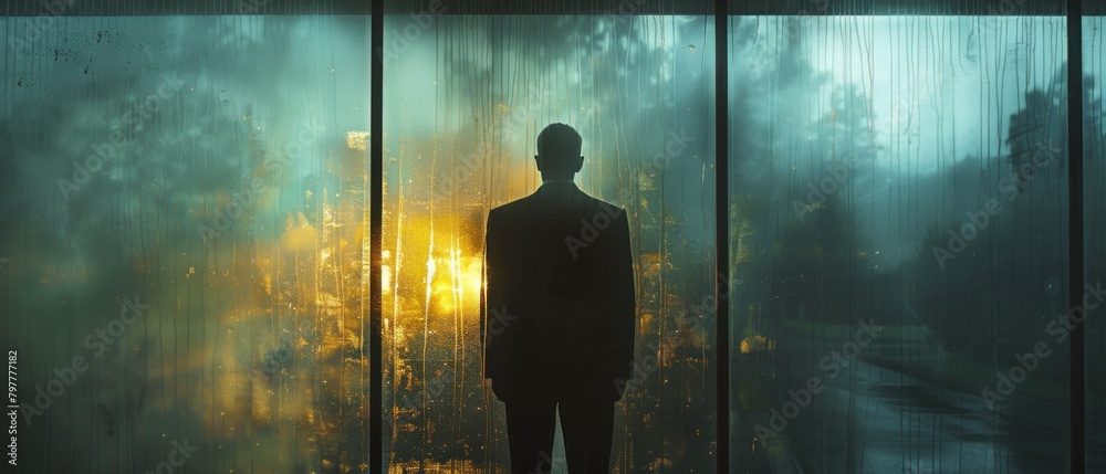 The leader's reflection in the window, contemplating the weight of responsibility. The leader's reflection in the window, contemplating the weight of responsibility.