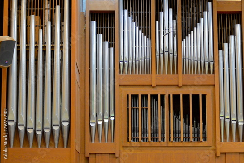 Beautiful organ pipes in church photo