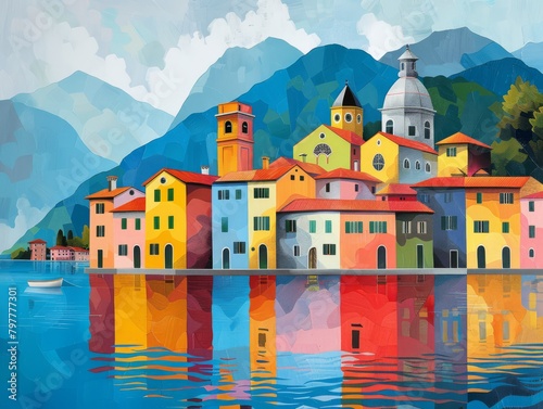 A colorful illustration of Gravedona ed Uniti seen from lake como, geometrical abstract, generated with AI photo