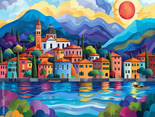 Obraz na płótnie A colorful illustration of Gravedona ed Uniti seen from lake como, geometrical abstract, generated with AI w salonie