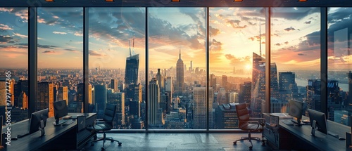 Through the window of the CEO's office, the city skyline symbolizes ambition and progress.
