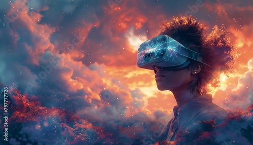 Time-Traveling Insights, person wearing VR goggles immersed in a virtual landscape where AI algorithms simulate different scenarios based on time management decisions.