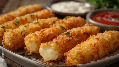 A plate of Mozzarella Sticks, the sticks are golden-brown, crispy on the outside, with, generated with AI