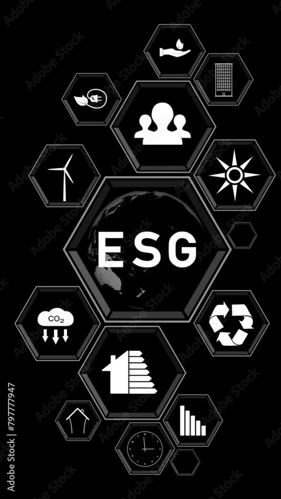 Esg icons concept loop vertical animation on black background. Concept Environment, society and governance. Esg icons concept loop vertical animation on black background. Concept Environment, society and governance.
